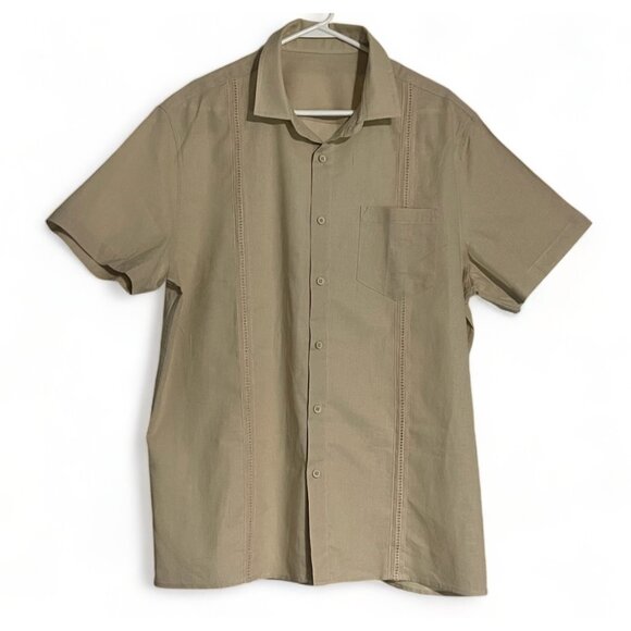 Mens Beige Short Sleeve Button-Up Shirt With Chest Pocket - Size L - New - Picture 1 of 10